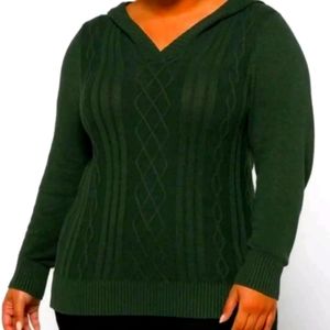 Market & Spruce Afon Hooded Sweater - Size 1X, Cable Knit V-Neck Pullover